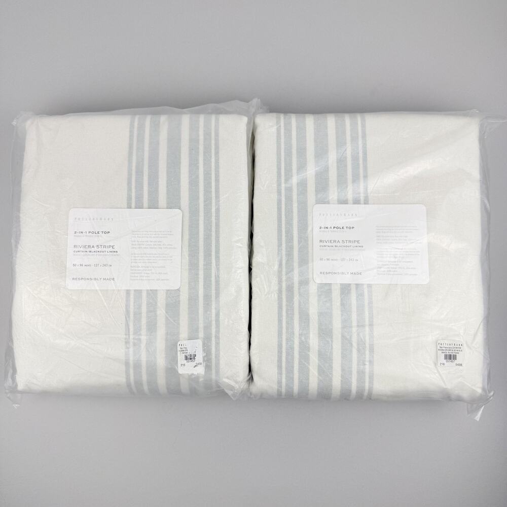 Pottery Barn Riviera Stripe Blackout Curtains 50x96 Set of 2 Porcelain Blue NWT